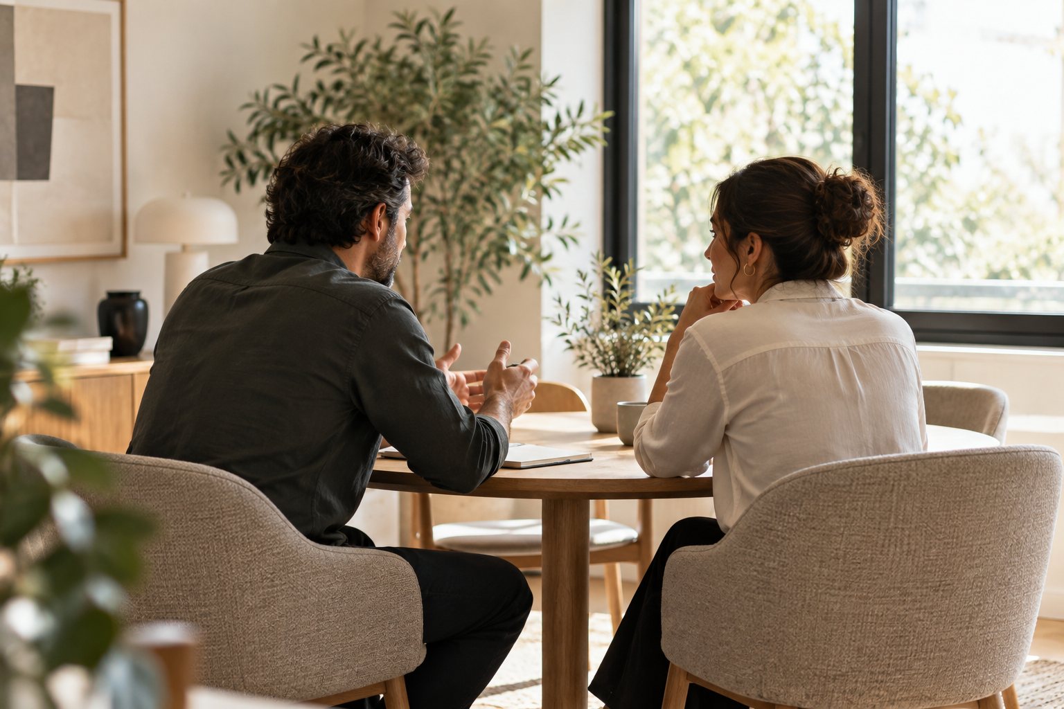 Dos profesionales conversando en un espacio de trabajo